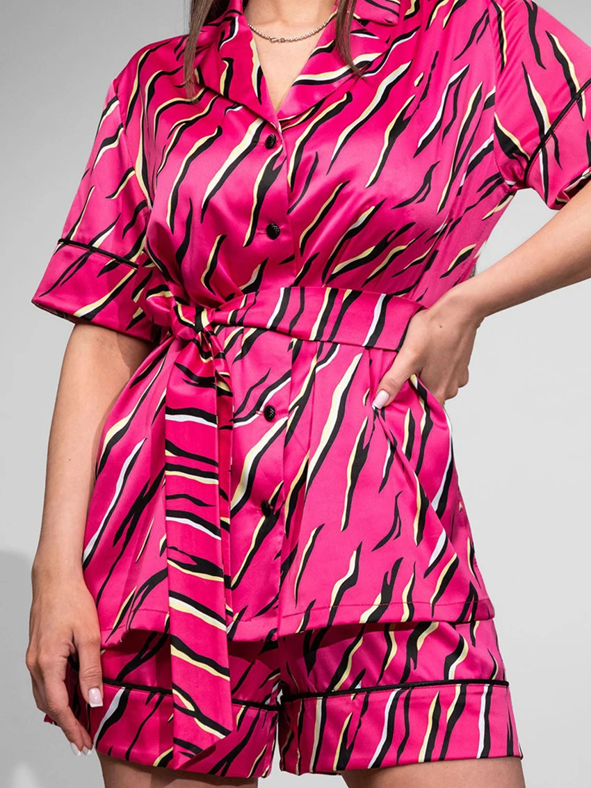 Marthaqiqi Printing Women'S Pajamas Suit Sexy Turn-Down Collar Sleepwear Short Sleeve Pyjamas Shorts Casual Home Clothes Ladies