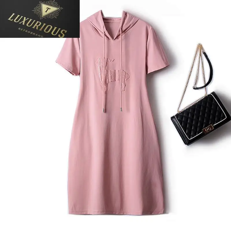 

Romantic And Sweet Summer Dresses Woman 2024 New Hooded Casual Mid-length Flocking Cartoon Solid Fashion Korean Female Dress 4XL