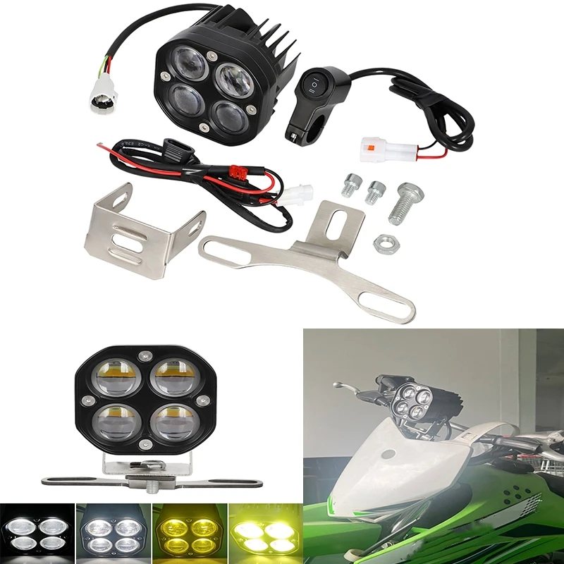 

7/8 Inch Handlebars Motocross Headlight Yellow&White Bifocal Led Headlight Kit With Len Wiring Harness For Kawasaki Honda Yamaha