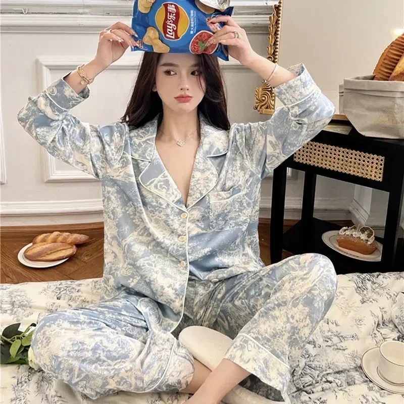 

New Long Large The Pants Size Sleeved Printing Real Homewear Silk Nightgown Sleepwear Pyjamas Pajamas Women Pijama