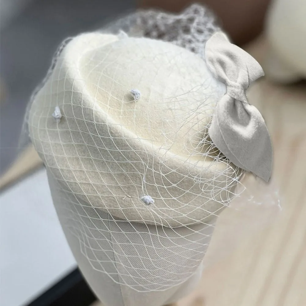 Neuer Schleifenhut aus Kaschmirwolle mit Schleier, britischer Stil, lässiger Fascinator-Hut, Temperament, Braut, formeller Hut – Detail 3