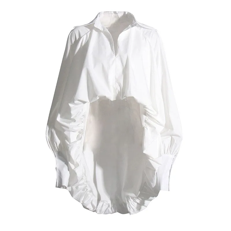

Women Shaped Irregular Vintage Lapel Blouse Fashion Balloon Sleeves Splicing Shirt Summer Cropped Office Lady Streetwear Clothes