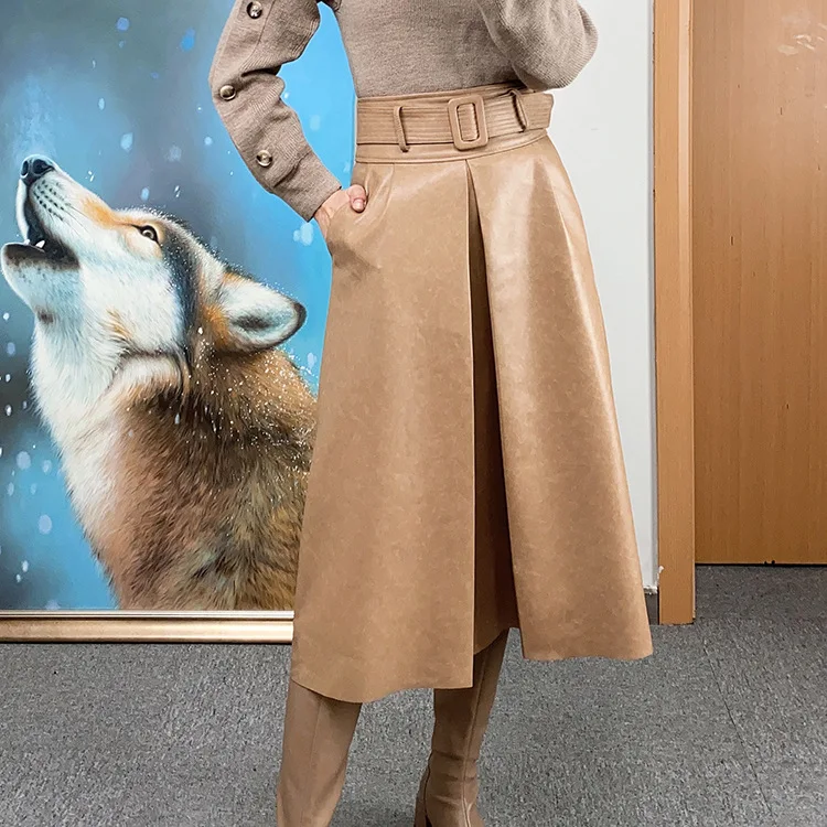 2023 Women New High Waist Genuine Sheep Leather Skirt Snow Pattern Real Sheepskin Leather Skirt with Belt E4