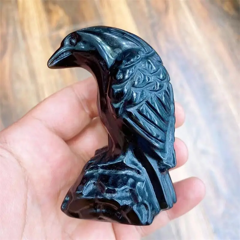 

7.8CM Natural Black Obsidian Crystal Stone Crow Hand Carved Animal Statues Healing Crafts Reiki Home Decoration 1pcs