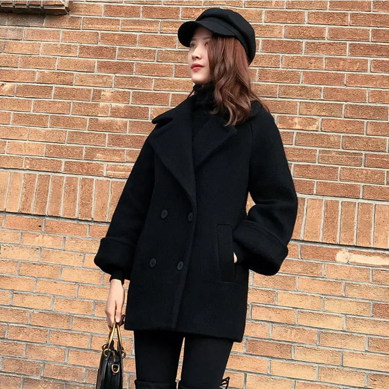 

Women Black Woolen Blend Coat 2022 Autumn Winter Double Breasted Mid Length Wool Outwear Korean Loose Femael Overcoat Tide