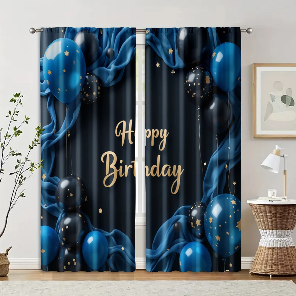 2pcs, Popular Curtains 2D print Happy Birthday Blue & Black Fabric (without rod) Decorations Clearance Perfect for Kitchen 2