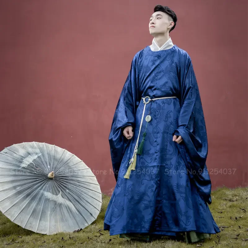 

3Colors Men Ancient Chinese Style Hanfu Round Neck Long Robes Gown Ming Dynasty Tang Suit Party Retro Dress Cosplay Costume