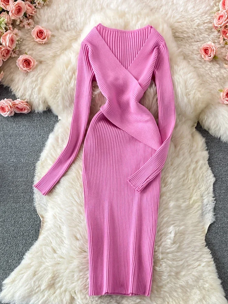 

Autumn Winter 2023 Women Dress Elegant Cross V-neck Slim Waist Knitted Bodycon Dress Korean Office Lady Vestidos