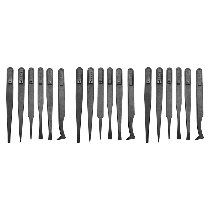 

18PCS Precision Tweezer Set Plastic Anti Static Tool Kit Size 1/2/3/5/6/8 Each 3(Black)