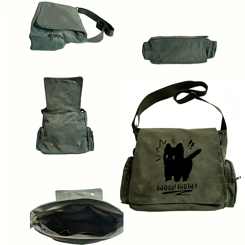 Women's Vintage OMG Cat Print Messenger Bag Large Capacity Crossbody Tote with Adjustable Strap Handbags Daily Commuting