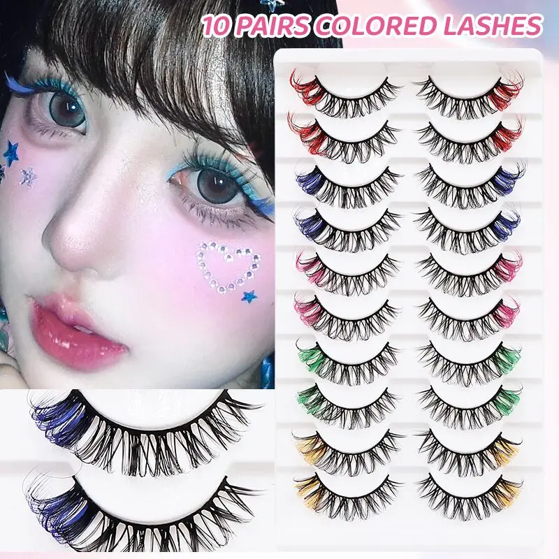 DINGSEN 10 Paar Weiche DD-Curl Farbige Vollstreifen-Wimpern, Voluminöse Kunstnerz-Wimpern, Flauschige Falsche Wimpern für Party und Tägliches Make-up