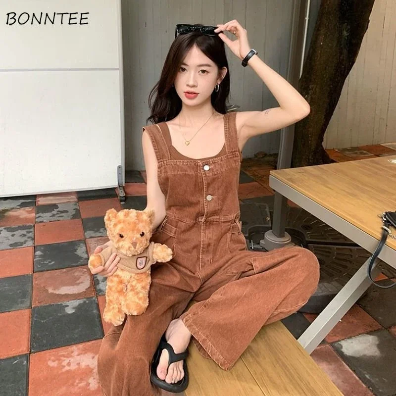 

Jumpsuits Women Summer Wide Leg S-4XL Loose Brown Streetwear All-match Lovely Schoolgirl Simple Leisure Fashion Vintage New Chic