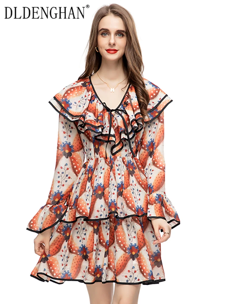 

DLDENGHAN Early Autumn Mini Dress Women V-Neck Flare Sleeve Ruffles Vintage Print Dresses Fashion Runway New