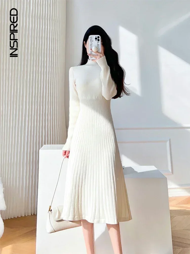 

French knit sweater dress Half Turtleneck long-sleeve Receipts waist A-line dresses Autumn Winter 2023 women's solid midi dress