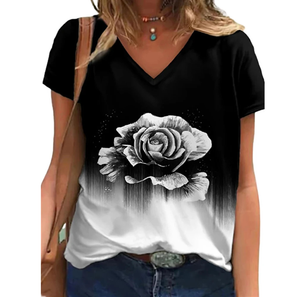 

Fashion V Neck Women's T Shirt Casual Streetwear Short Sleeve 3d Floarl Print Harajuku Loose Summer Female Tops Tee Shirts 5XL