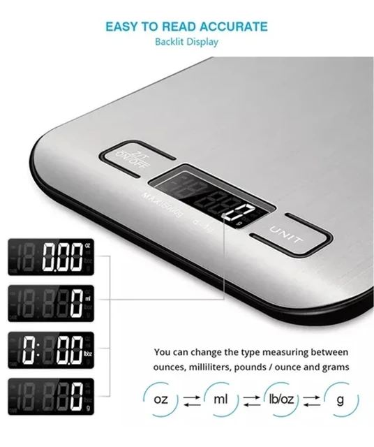 Bilancia digitale da cucina Bilancia portatile multifunzione Display LCD Ricarica USB Bilancia elettronica Strumenti di misurazione per cottura 5