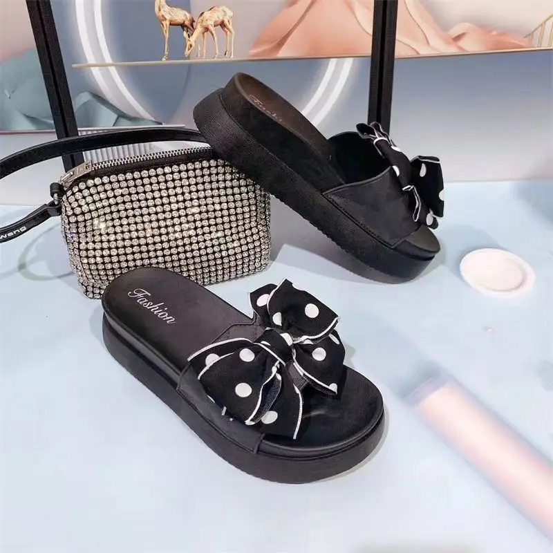 

Тапки женские однослойные, плоская подошва, толстая подошва, Нескользящие, Симпатичные домашние тапочки с бантом, уличные тапочки, лето