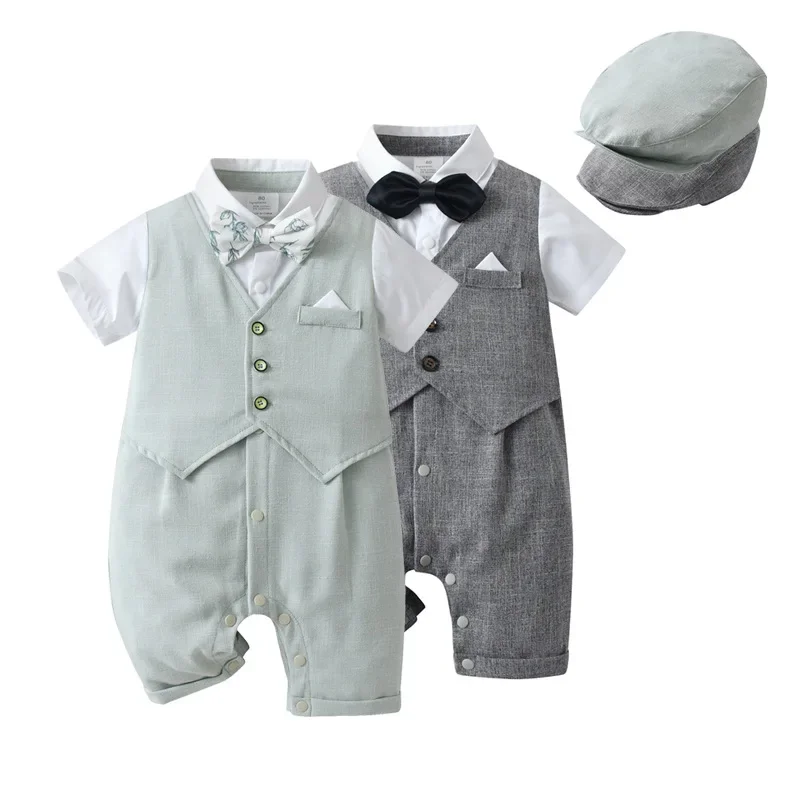 New Children's Summer Short Sleeve Rompers Baby Boys Capucha British Style Cotton Bib Overalls Outerwear Kids Clothes