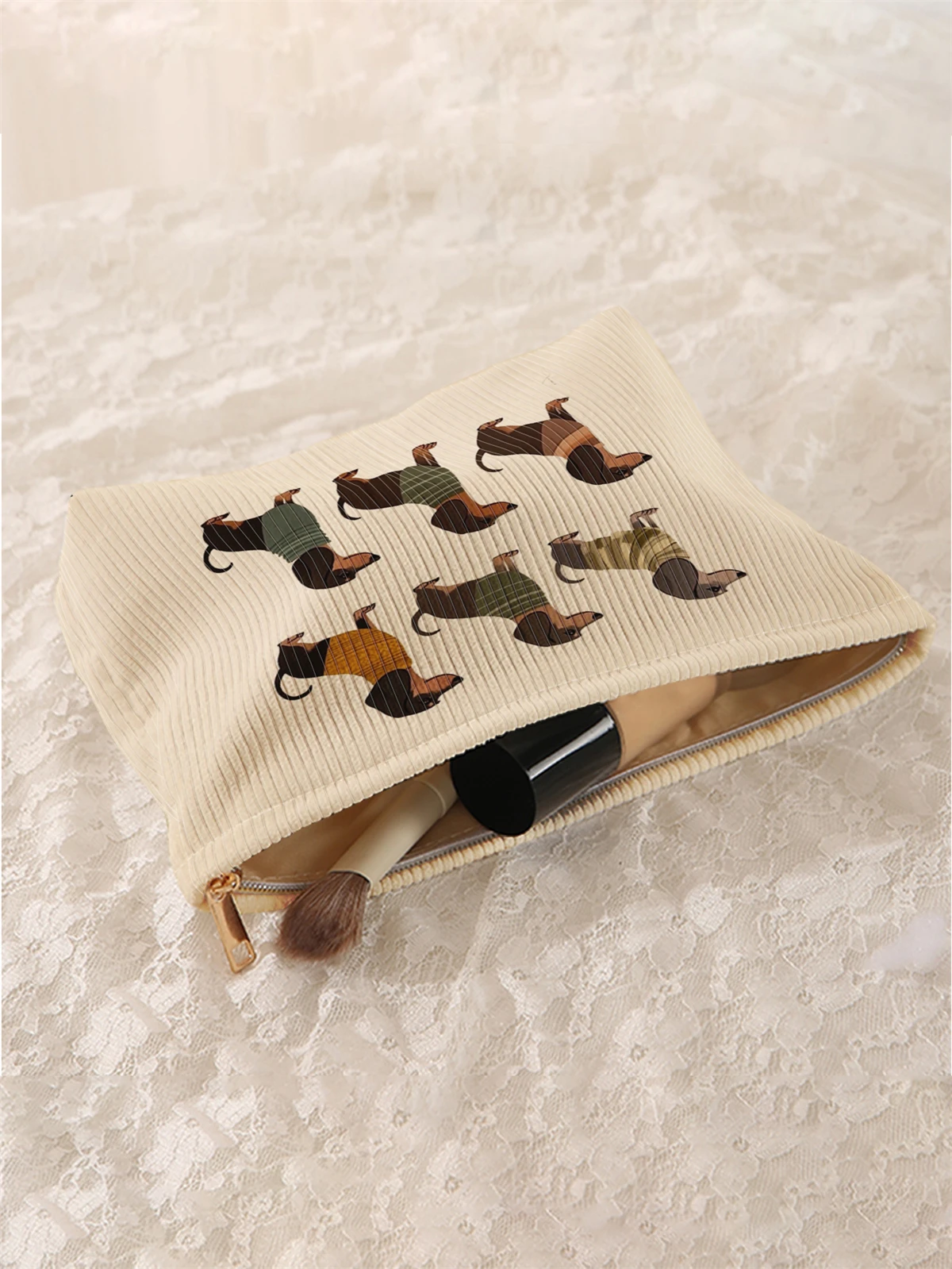 1pc cartoon dog pattern printed corduroy makeup bag, lightweight zipper makeup storage box, multifunctional bag with lining