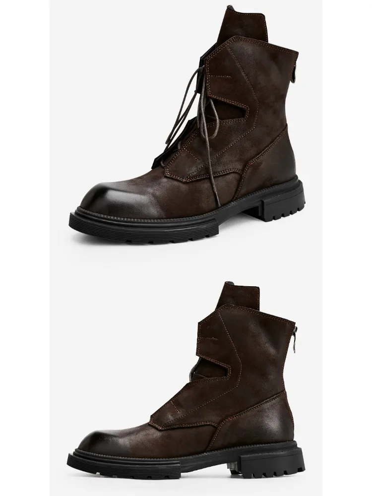 Motorcycle Boots Men High-top Platform Leather Boots Winter Fleece