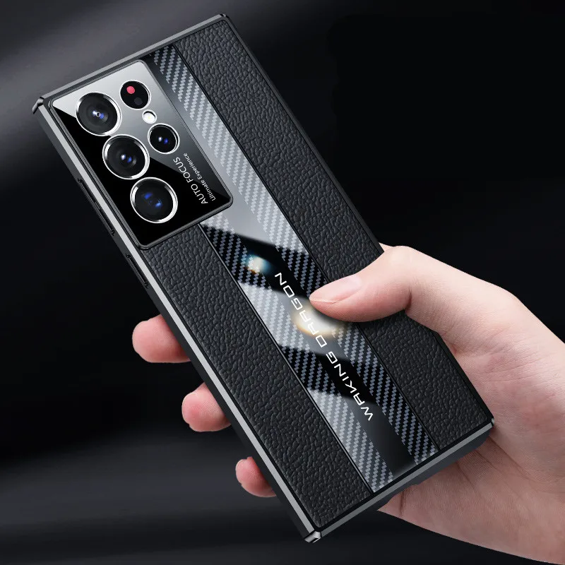 Carbon Fiber Genuine Leather Splicing Cover For Samsung Galaxy S23 Ultra S22 Plus Racing Car Design Camera Protection Phone Case