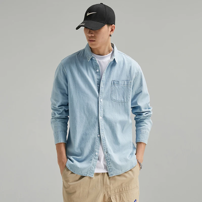 Spring Autumn Fashion Men Shirts Light Blue Long Sleeve Casual Cotton Shirt Men Vintage Designer Leisure Denim Shirts Hombre