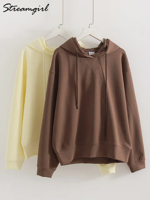 Streamgirl Brown Hoodies With Lace Women Oversize Plain Spring Elegant Butter Yellow Hooded Sweatshirts For Women Oversized 1