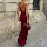 Chic Women's Satin Maxi Dress Burgundy Sleeveless Sexy Lace-Up Backless Evening Dresses Red Elegant Bridesmaid Long Evening Gown - Image 3