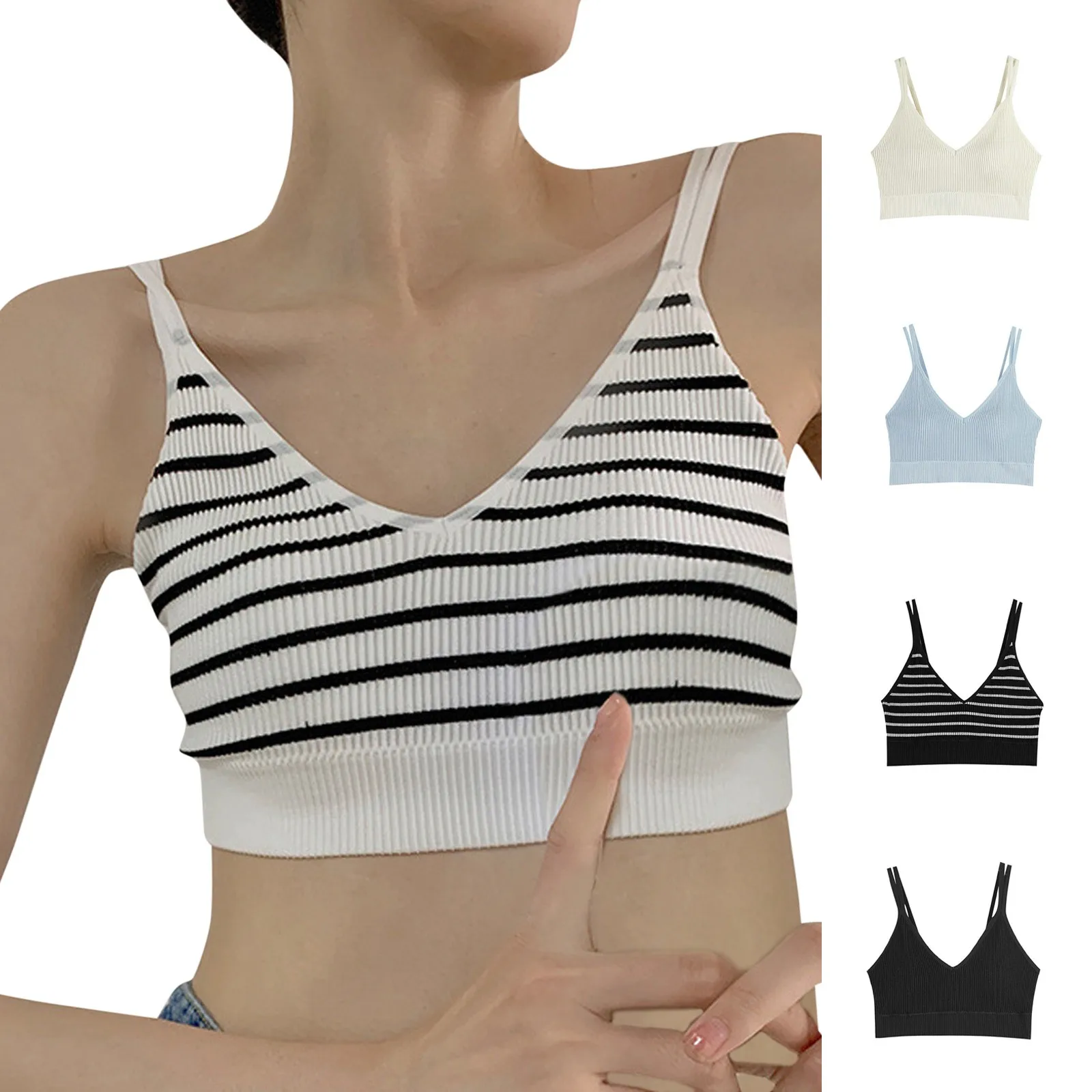 

Womens Fashion Solid Color Stripe V Neck Double Shoulder Belt Underwear Thin Vest Womens Strapless Bra Sports Bra Women Pack