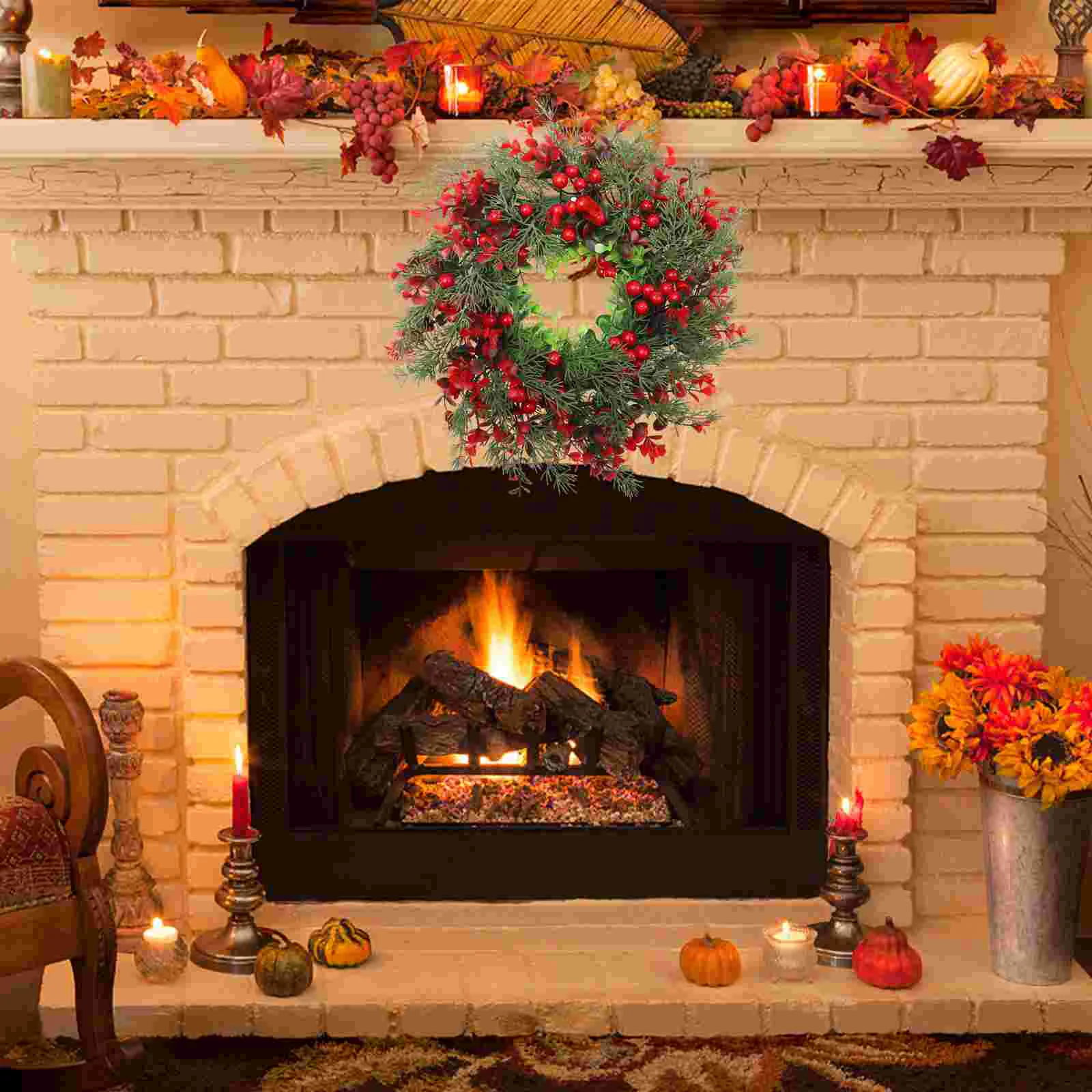 

Artificial Christmas Wreath Red Berry Pine Needles Wreath Handmade Xmas Holiday Winter Wreath Greenery Front Door Farmhouse