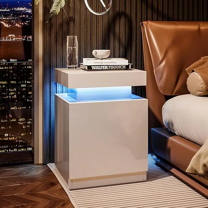 Nightstand Set of 2, LED Nightstand with One Cabinet, Bedside Table with LED Lights, Modern End Side Table for Bedroom, White