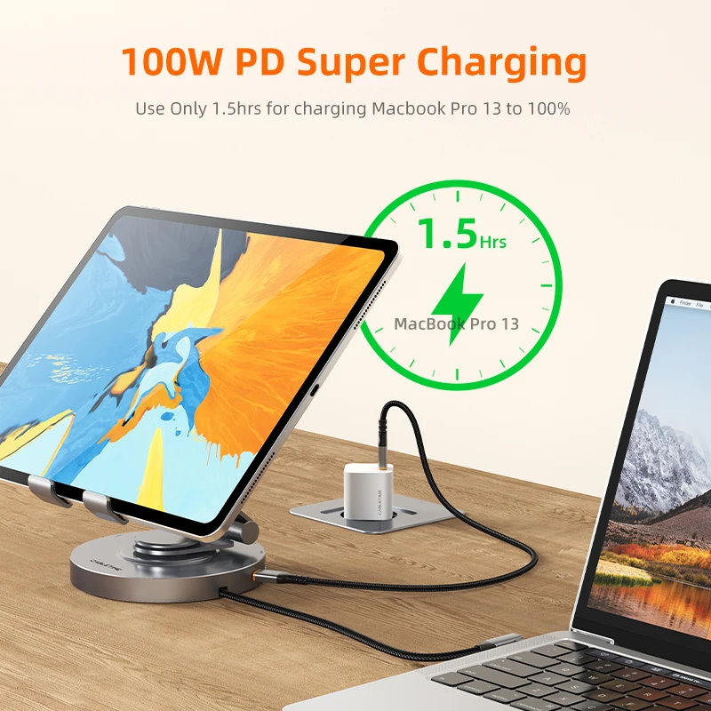 CABLETIME 8 in 1 멀티 USB C 허브(360 회전 스탠드 포함) HDMI 4K 60Hz PD 100W USB 5Gbps SD TF Aux 3.5mm(iPad Pro 태블릿 C441용)