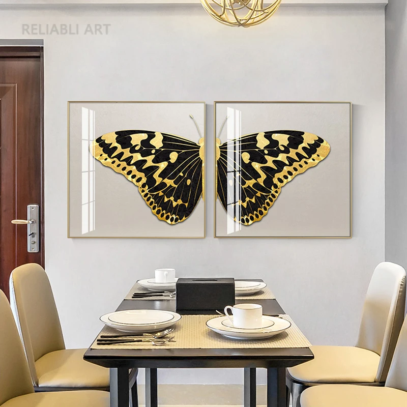 Abstract Luxury Golden Leaves Texture Canvas Painting Wall Art Gold Butterfly Dragonfly Posters for Living Room Decoration