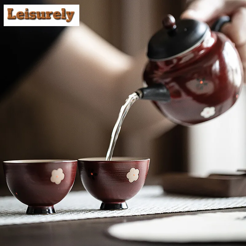 2pc/set Retro Powder Yin Hawthorn Red Teacup Handpainted Small Flower Maste Cup Half Moon Cup Smelling Fragrance Cup Teaset 30ml