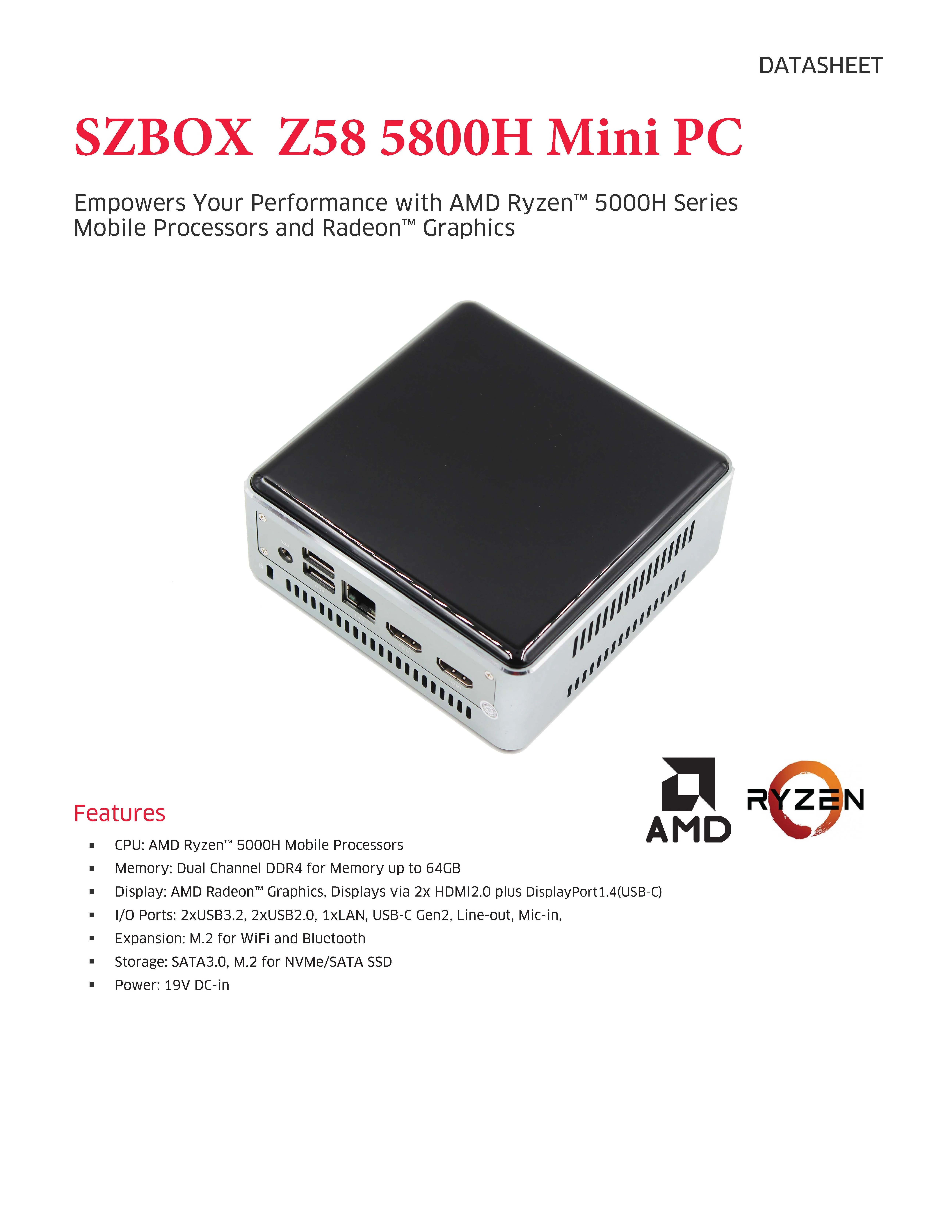 SZBOX Z58 Ryzen 7 5800H Mini PC Windows 11 Pro DDR4 16GB/32GB 