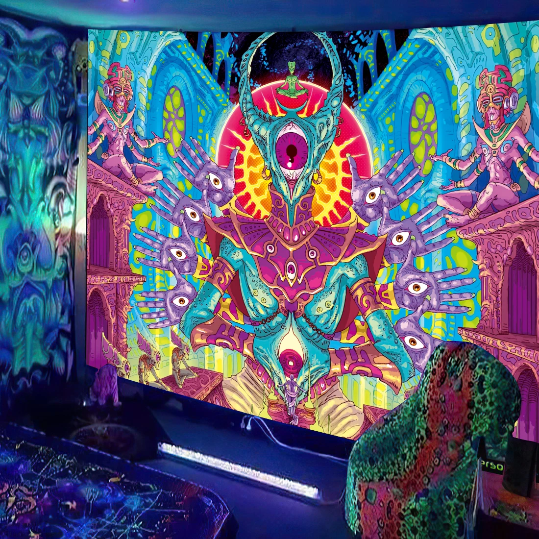 Black Light Tapestry UV Reactive Psychedelic Mushroom Fractal Art Wall Hanging Bedroom Dorm Separate Room Decoration