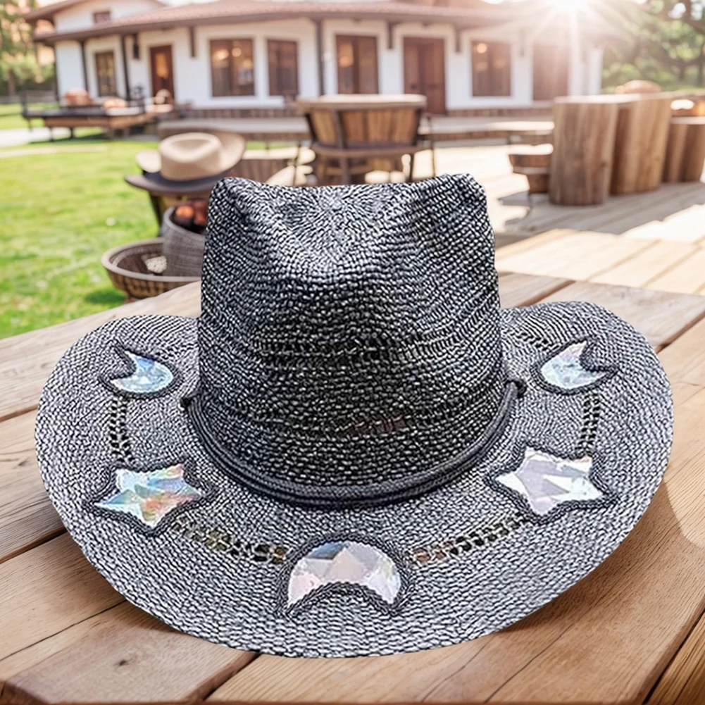 Cowgirl Beach Bohemian Straw Hat Woven Prism Hat Western Cowboy Jazz Cap Women Hollow Out Moon Star Beach Hats Vintage Jazz Cap