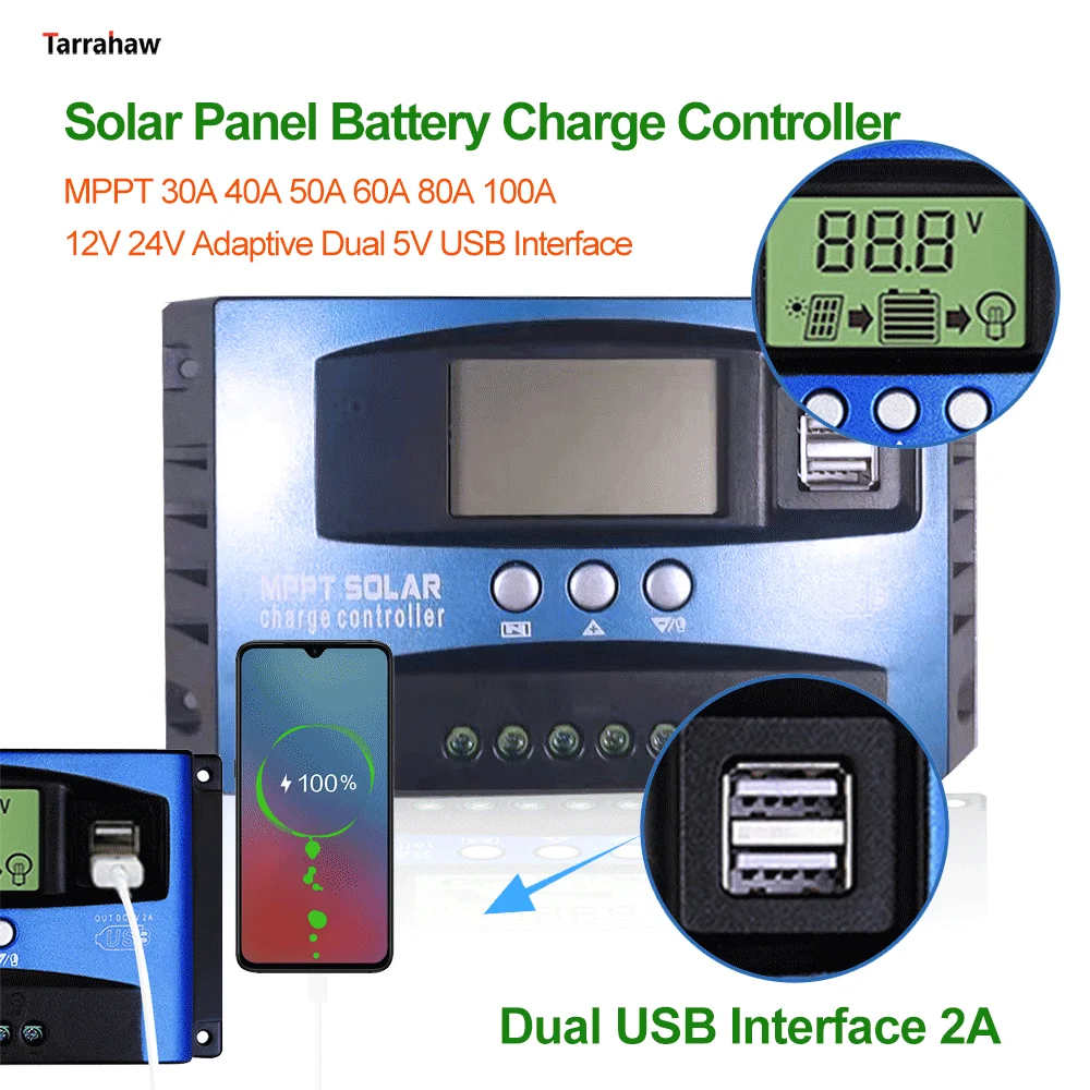 MPPT Solar Charge Controller solar battery charge controller 100A 80A 60A 50A 40A 30A 12V/24V Batterys Regulator Charge and Discharger Solar Controller USB LCD