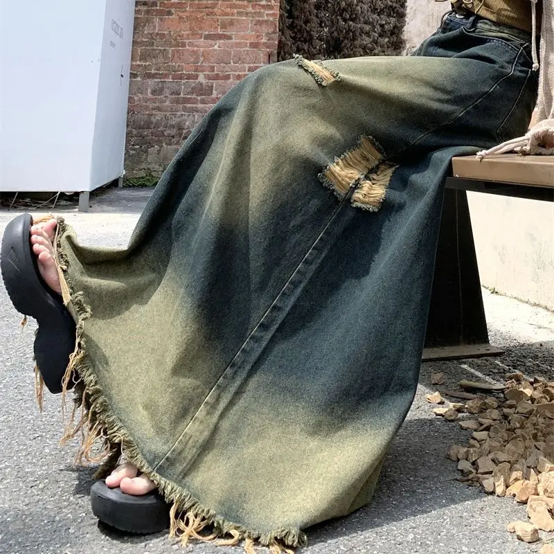 

Hsa Vintage Denim Skirt for Women 2023 Summer Korean High Waist Loose Long Ankler Length Ripped Skirt Streetwear Party Robe Saia