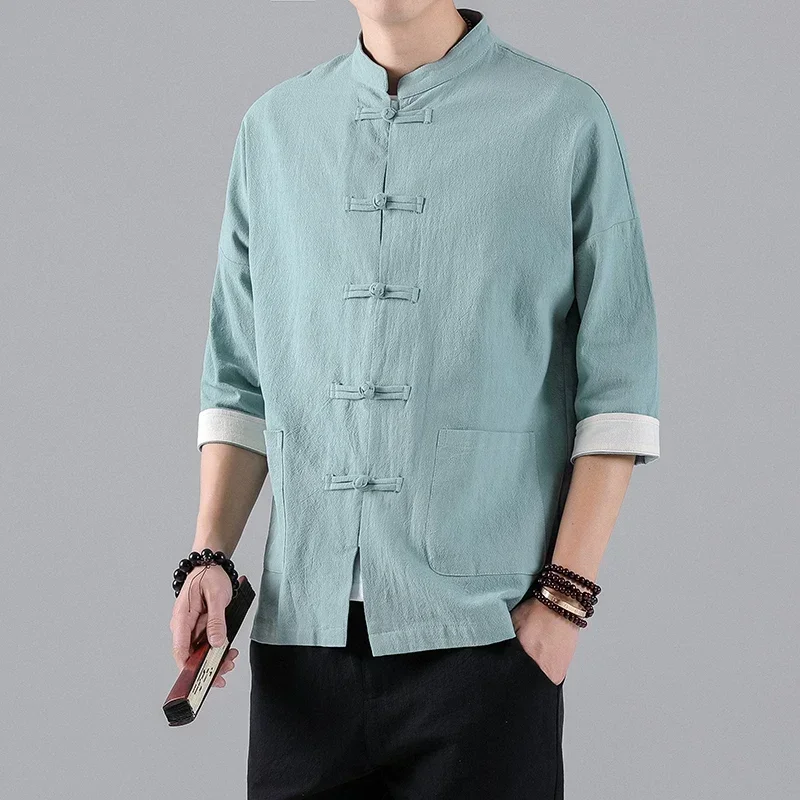 

2022 New Chinese Style Mens Tops Tang Suit Linen Half Sleeve Solid Traditional Kung Fu China Style Hanfu Shirt Plus Size M-5XL