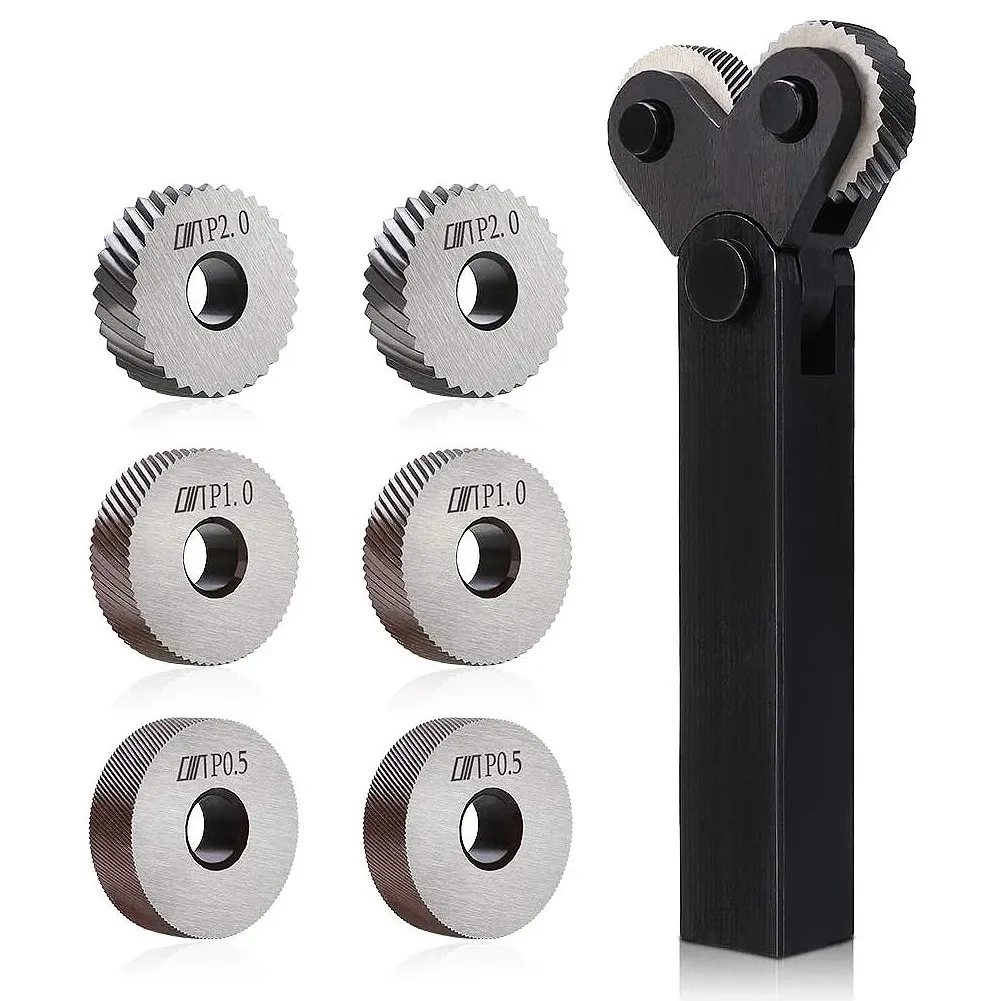 Knurling Tool Set 7PCS 0.5/1/2mm Diagonal Dual Wheel Linear Knurl Steel Lathe Cutter Wheel Holder Hob