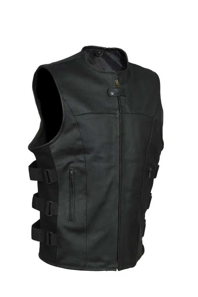 

Men's SWAT Style Motorcycle Biker Leather Vest with Two Concealed Gun Pockets