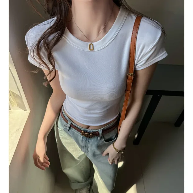 Slim Fit Red Crew Neck Short Sleeve T Shirt - Solid Color Stretchy Crop Top, For Street Daily Club Summer Casual Outfits 4