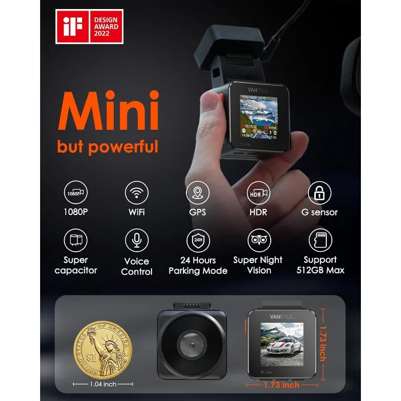 E1 Lite 1080P WiFi Mini Dash Cam with GPS and Speed, Free App, Voice Control Detachable Dash Camera, 24 Hours Parking Mode