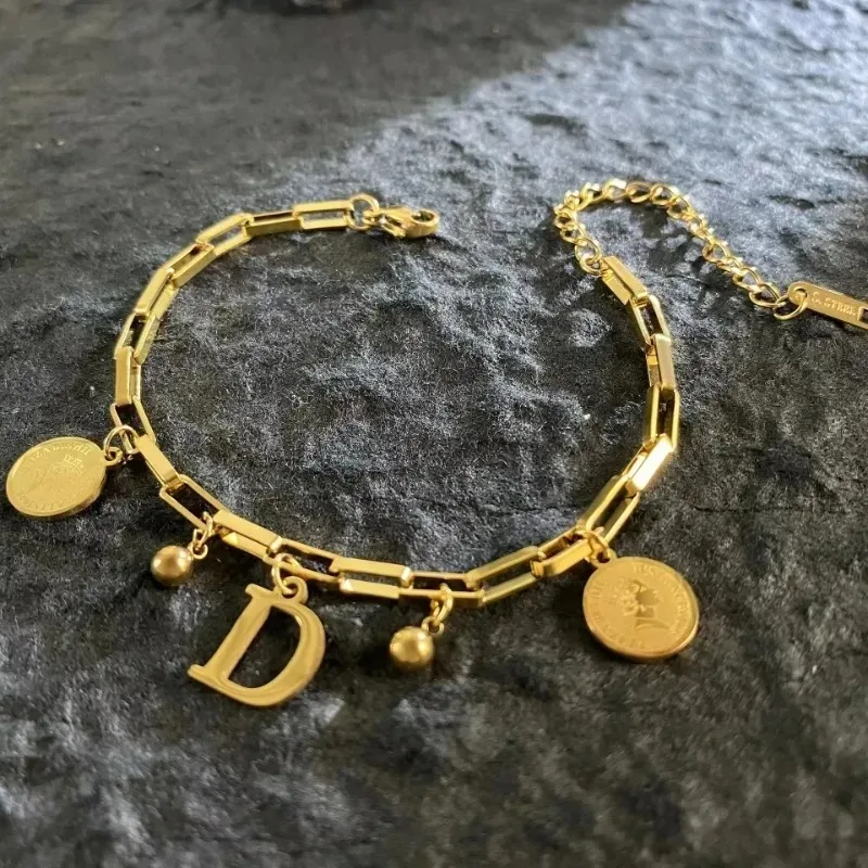 Luxury Stainless Steel Bracelet Golden Queen Coin 26 Letters Pendant Chains Accessories for Women Simple Jewelry Gift