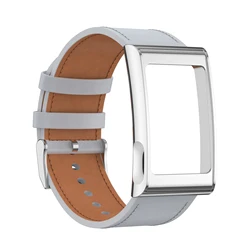Premium Leather Sport Band with Metal Frame - Adjustable Quick Release Fitness Tracker Wristband Replacement Strap (Gray)