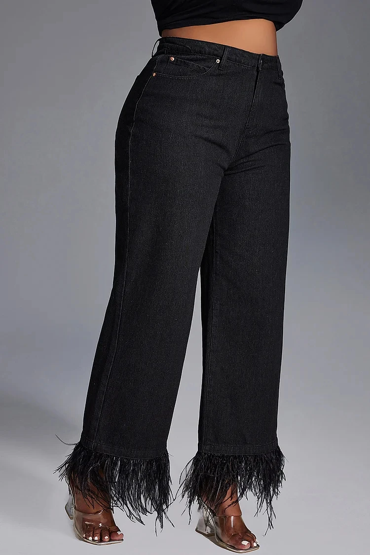 

Plus Size Daily Jean Black High Waist Straight Leg Feather Jean