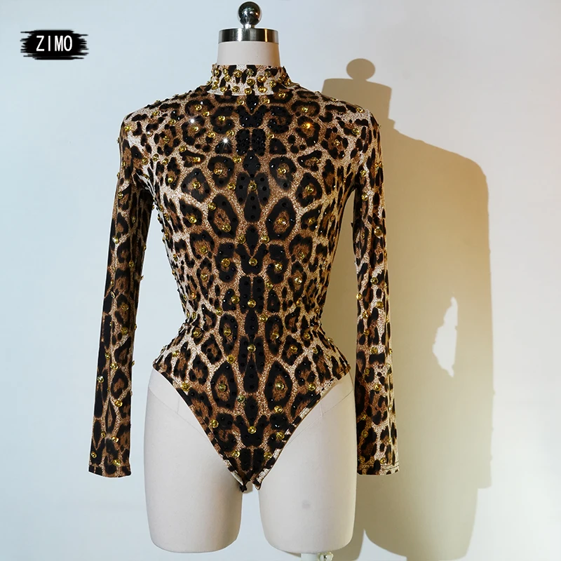 rhinestones bodysuit Sexy Leopard Print Rompers For Women High Collar One Piece Bodycon Female performance pole dance clothing