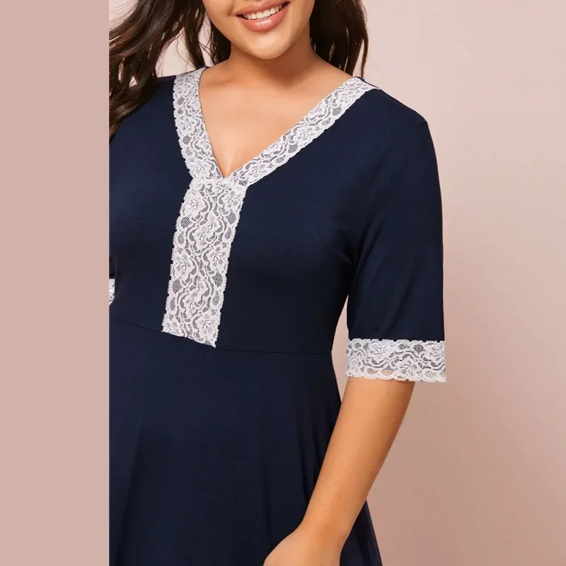Plus Size Lace Panel Short Sleeve Summer Elegant A-line Dress V-neck Fit And Flare Casual Dress Large Size Beach Dress 7XL 8XL