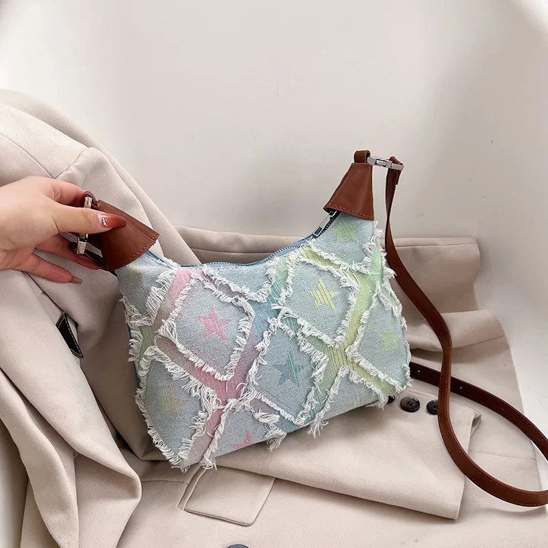 

Women's bag fashion denim distressed pentagonal star print portable underarm bag 2024 lock buckle crescent bag